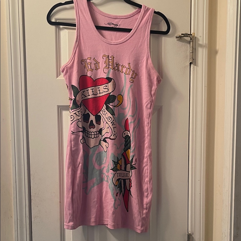Ed Hardy Pink Skull and Heart Tank Dress